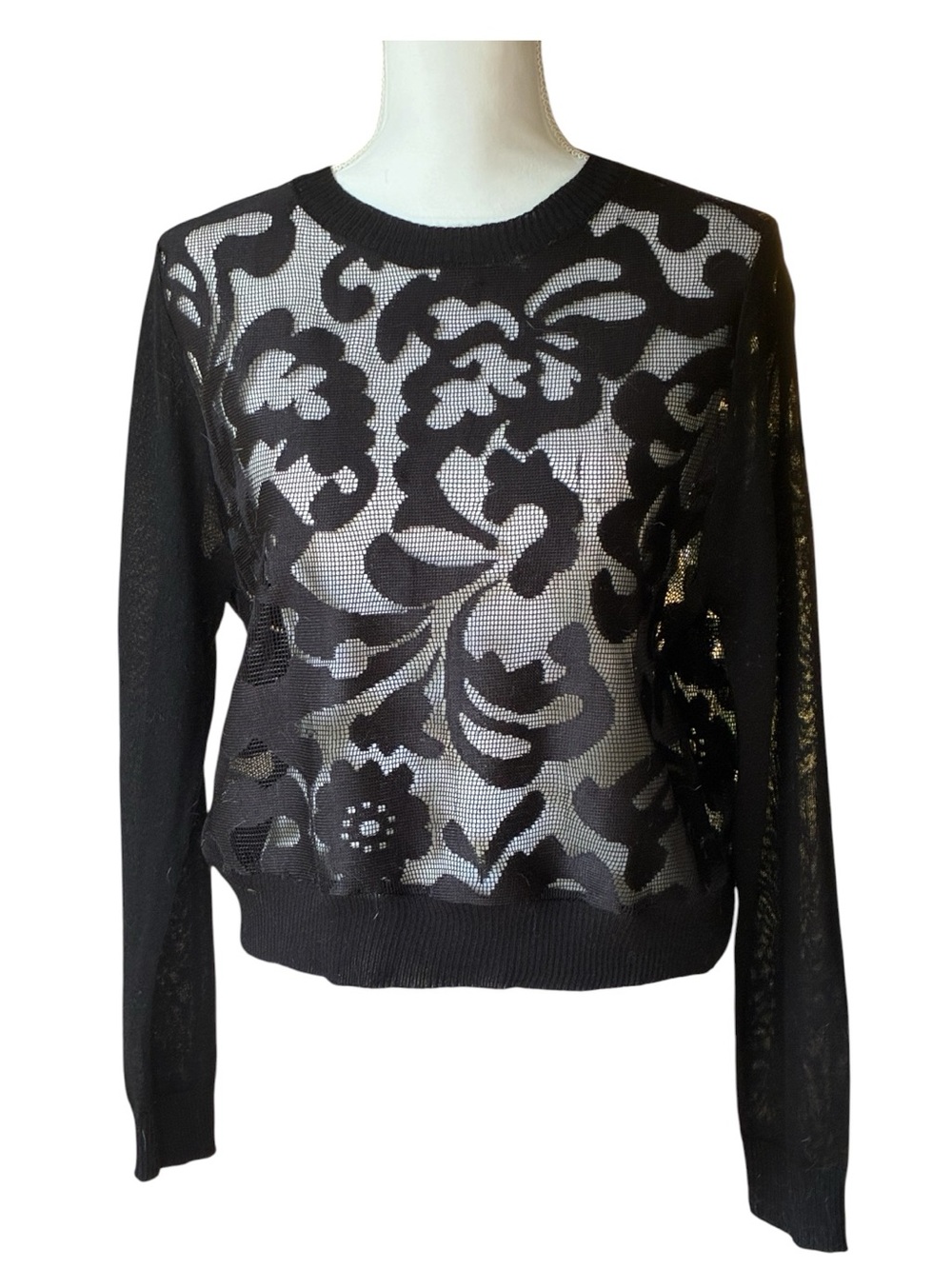 Jenn Black Sheer Floral Knit Long Sleeve Sweater Blouse Top Feminine Casual Sz L